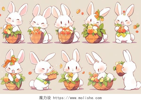 可爱小白兔和一篮子水果套图卡通AI插画兔子小动物